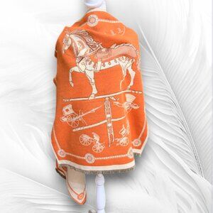 Reversible Equestrian Print Shawl Wrap – Orange & Cream, Soft Warm Cape